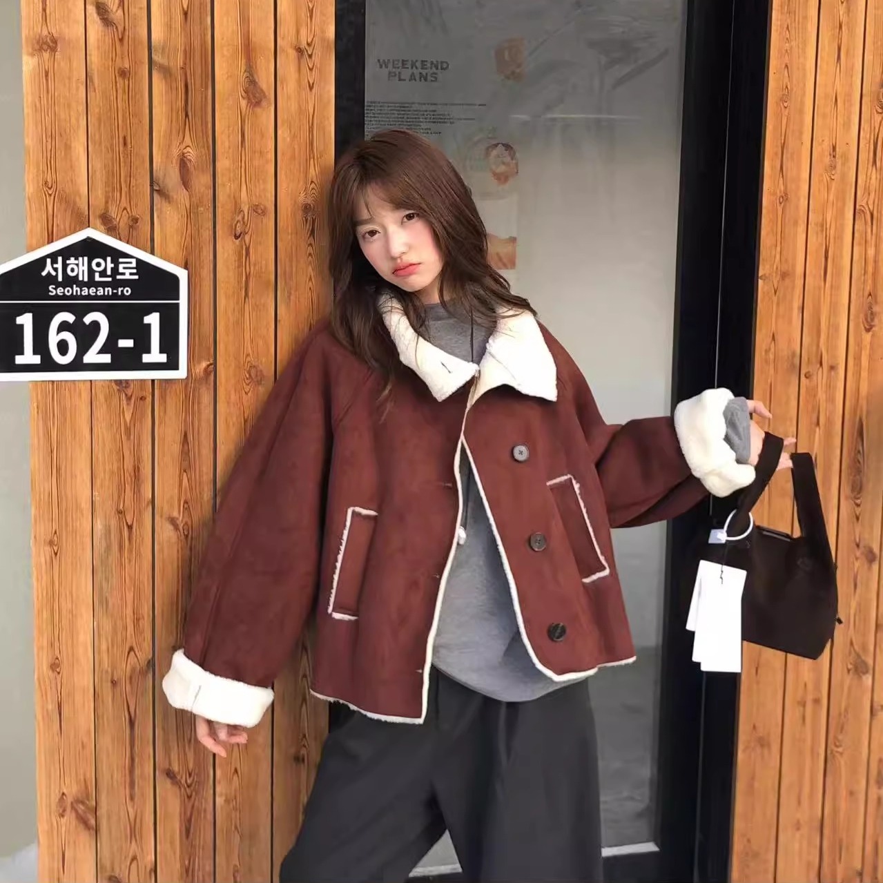 H.ONE颜色绝啦!皮毛一体夹克外套韩国冬季加厚保暖翻领排扣上衣