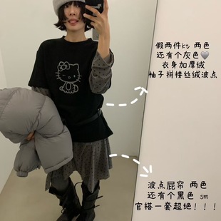 T恤韩国冬季 长袖 圆领P帘上衣 加厚绒KITTY波点拼接袖 umbriel正品