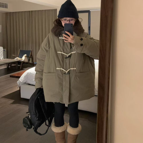 montague复活款！牛角扣连帽中长款羽绒服韩国90绒宽松保暖外套女