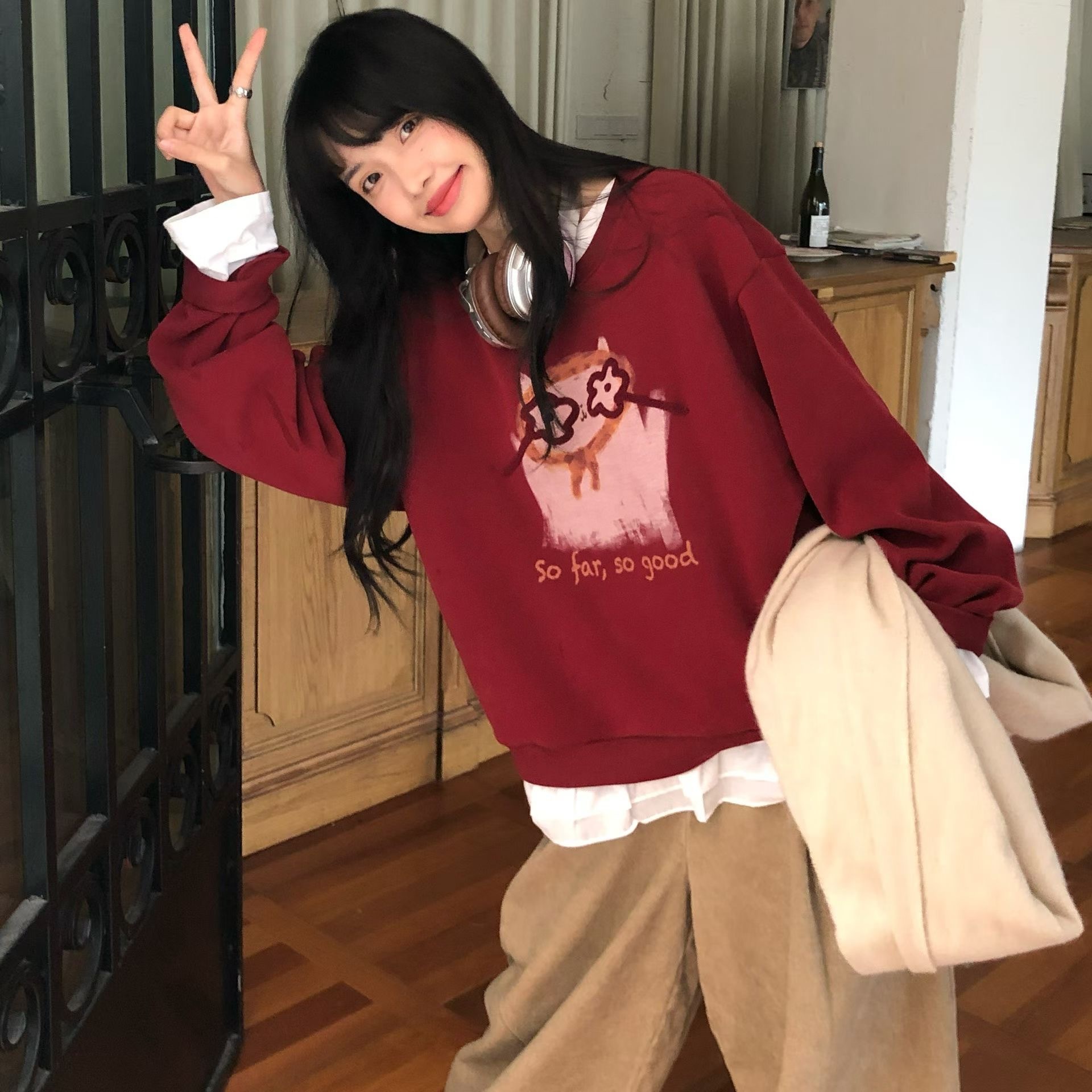 H.ONE正品~眼镜猫咪印花加绒套头卫衣韩国冬季加厚保暖休闲绒衫女