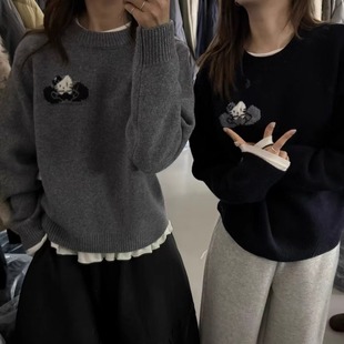 加厚针织衫 OUNCE高质感 韩国蝴蝶结KITTY小提花羊毛套头毛衣冬季