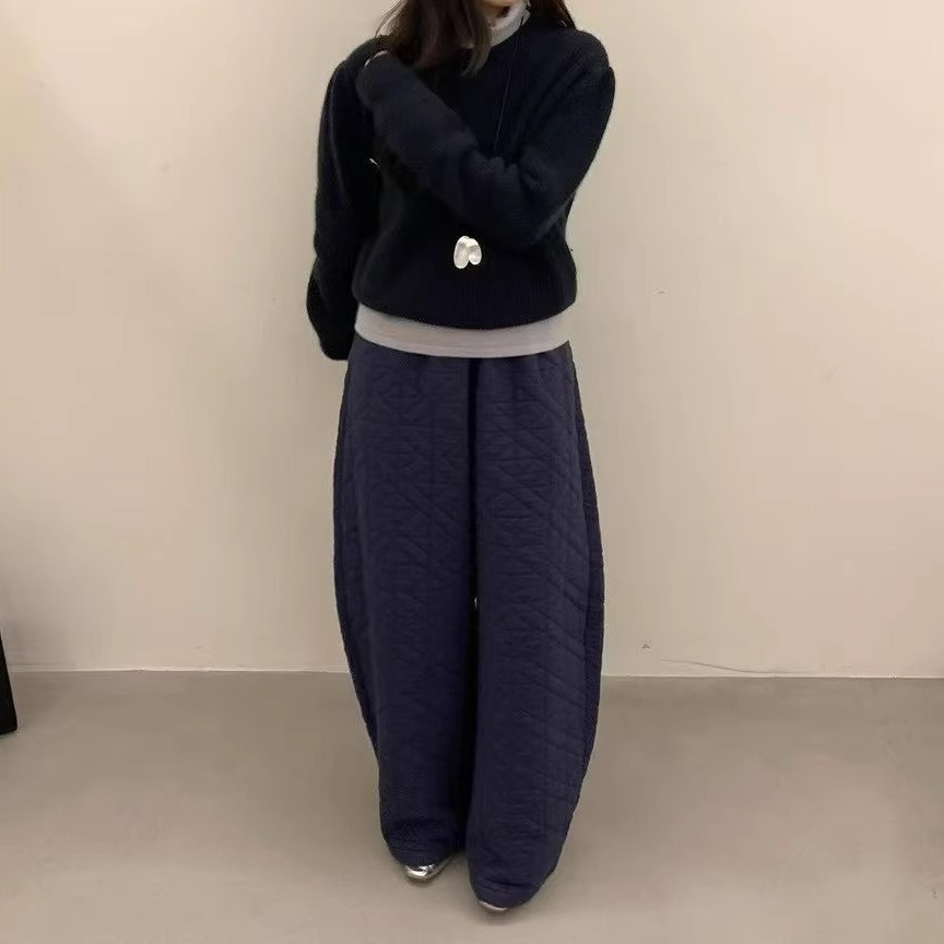 FAVE慵懒大弯刀~韩国松紧腰菱格压线棉裤冬加厚保暖卫裤阔腿长裤