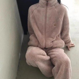 singlewell小熊刺绣立领摇粒绒珊瑚绒睡衣套装 韩国保暖加厚家居服