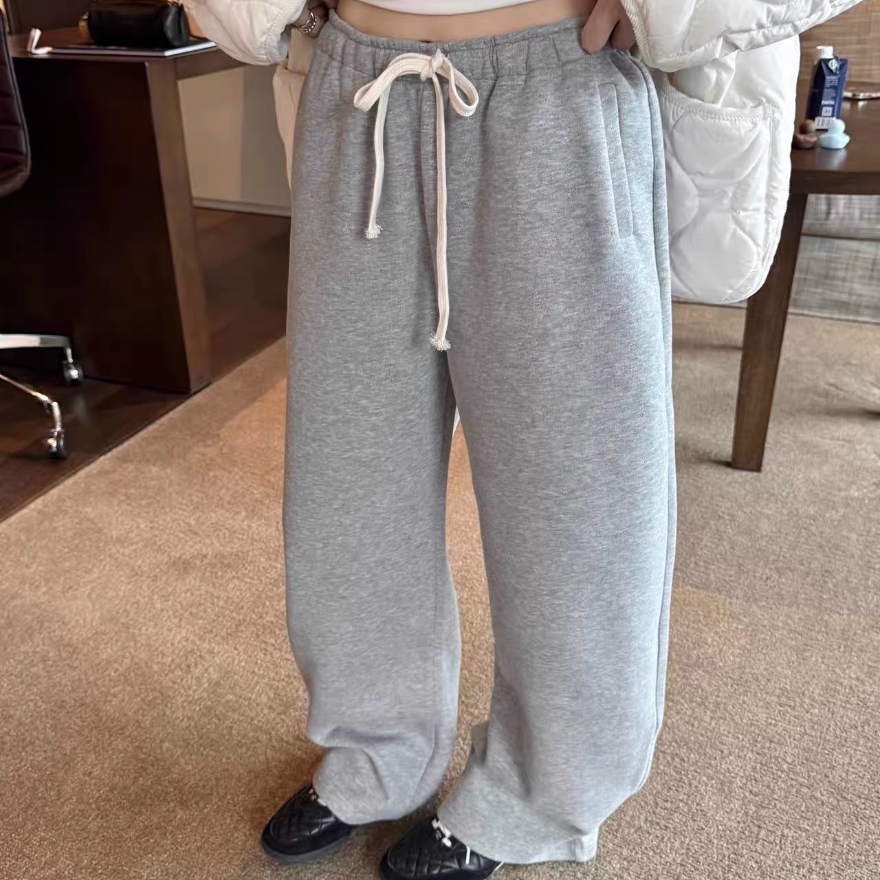 oker章壳儿正品~调性弯刀磨毛卫裤韩国冬季加厚松紧腰抽绳阔腿裤