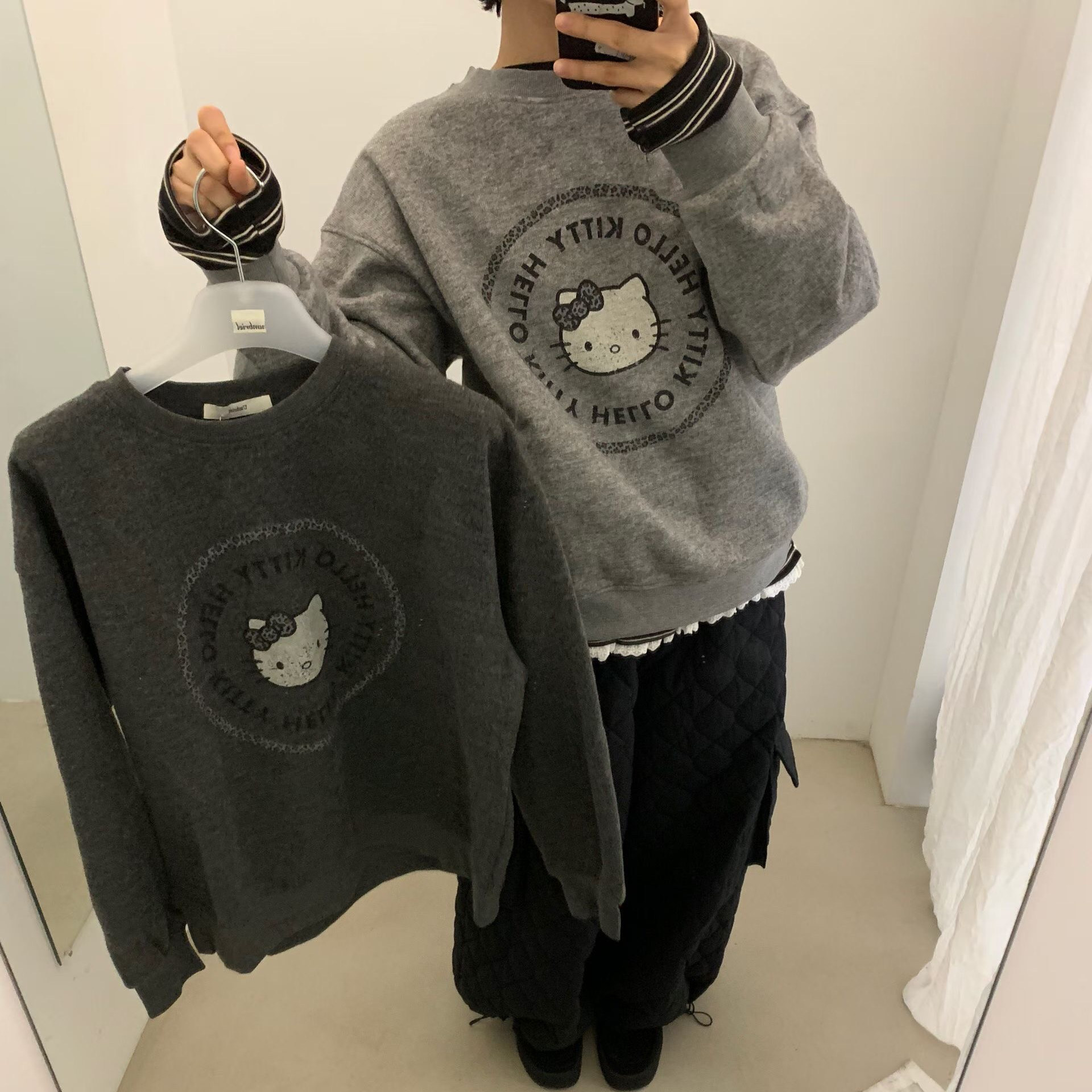 umbriel正品~复古KITTY印花加绒套头卫衣韩国冬加厚保暖圆领上衣