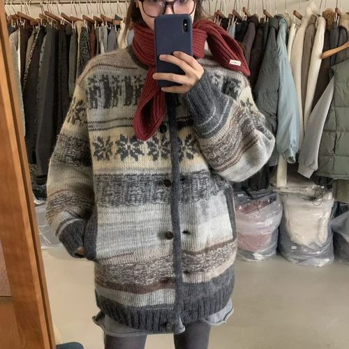 montague重工厚实毛衣大外套！费尔岛提花排扣羊毛韩国针织开衫女