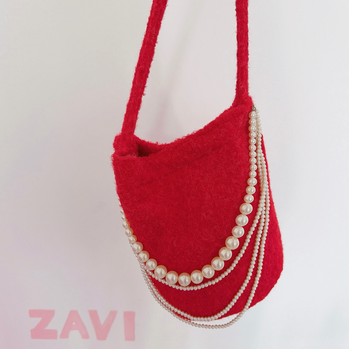 ZAVI 原创 新年大红色珍珠水桶包 单肩包复古喜庆富婆毛绒大容量,箱包皮具/热销女包/男包,单肩包,淘宝优惠券,粉丝福利购,淘宝优惠卷