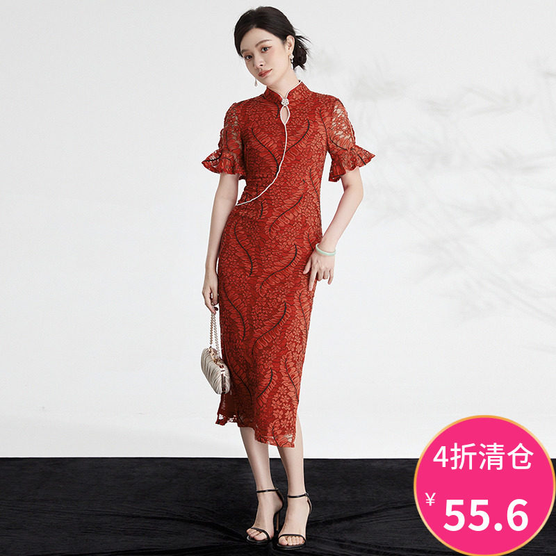 2024 여름 아울렛 QP 시리즈 새로운 중국식 5부 소매 스커트 진주 장식 치파오