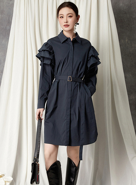 奥莱专柜品牌撤柜正品 YC秋装2025新款 系腰带中裙宽松长袖连衣裙