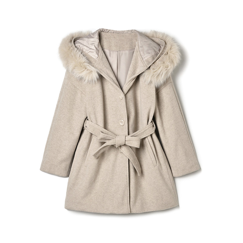 2025年冬Outlets正品 高端ZD系列带毛边连帽高级感毛呢外套大衣女