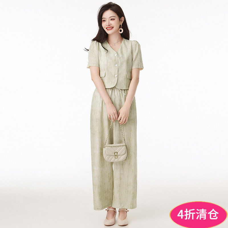 Outlets专柜撤柜正品 JP夏装新款 短款上衣+松紧腰长裤两件套装女
