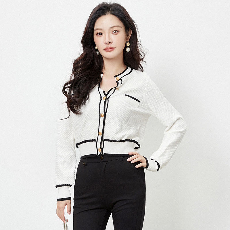 2025年秋Outlets正品 高端RU系列拼色设计长袖上衣微弹珍珠外套女