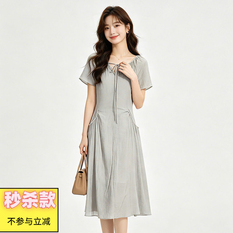 有口袋垂顺中长裙连衣裙