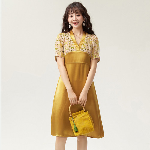 含桑蚕丝拼接连衣裙女