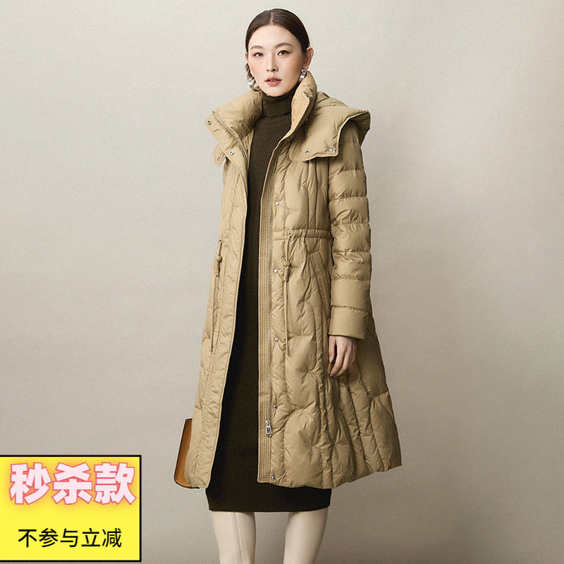 Outlets撤柜正品 RU冬装新款过膝保暖鸭绒外套加长款连帽羽绒服女