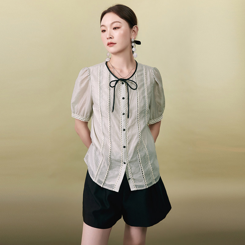 2025年夏装Outlets专柜 高端SC系列拼色格纹减龄上衣五分袖衬衫女