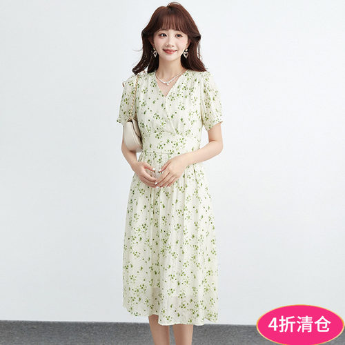 碎花短袖中长连衣裙女