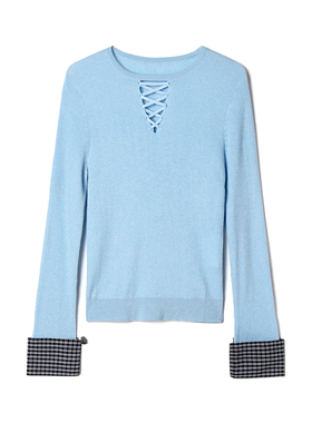 奥莱撤柜正品 GMS冬装新款 格纹拼接长袖上衣修身打底叠穿毛衣女