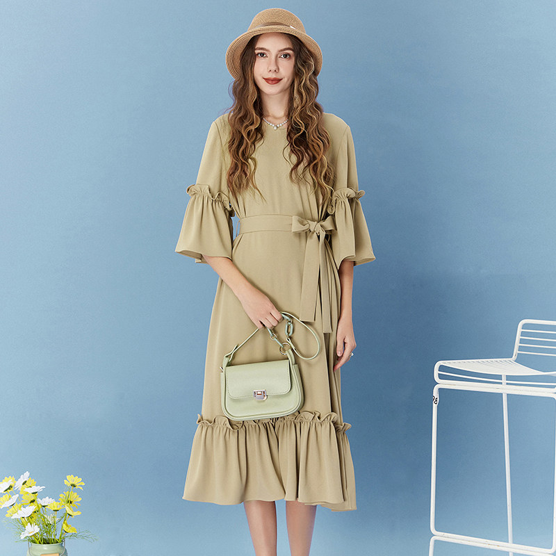 奥特莱斯品牌折扣 OD夏装2025新款撤柜正品 甜美气质喇叭袖连衣裙