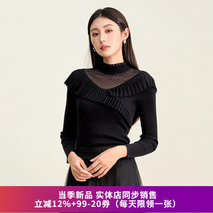 品牌折扣SOMSOM索玛冬季新款半高领波点网纱拼接立体褶皱针织衫女