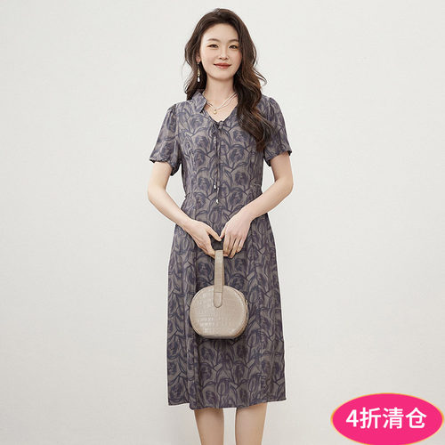 复古松紧腰中长连衣裙