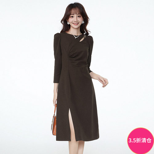 复古开叉圆领连衣裙女