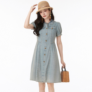 Outlets专柜撤柜正品 HF夏装2025新款棉质牛仔中裙高腰短袖连衣裙