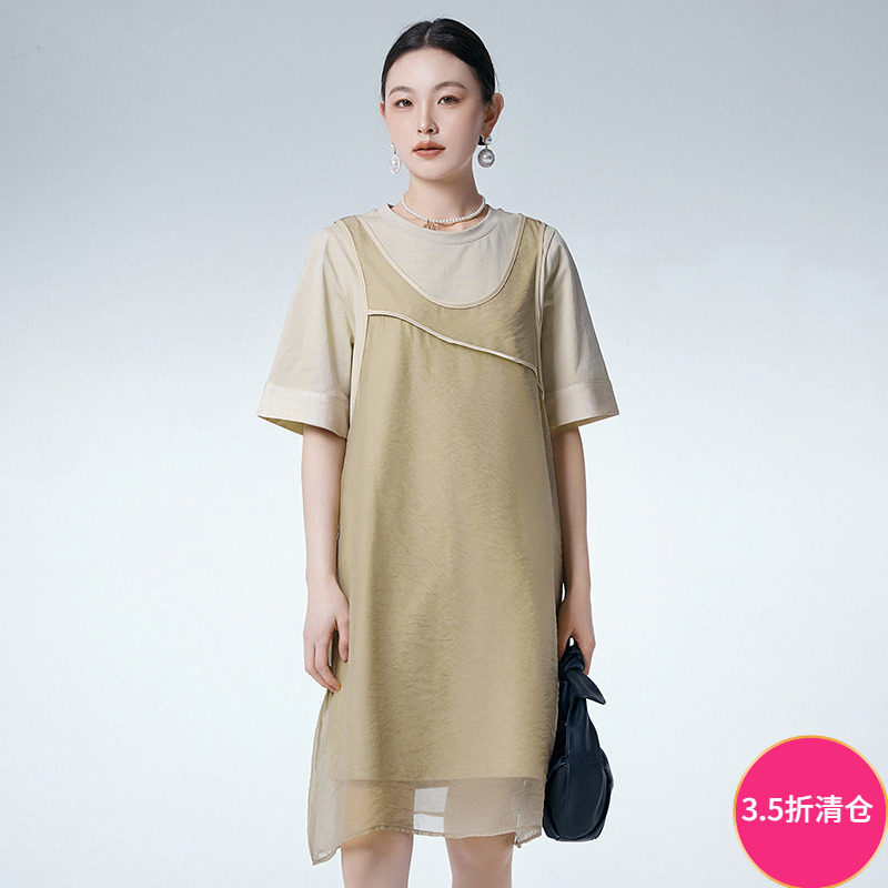 奥特莱斯品牌折扣 NY夏装新款宽松网纱透视背心裙+连衣裙两件套装