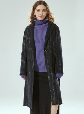 奥特莱斯品牌折扣 HZ冬装新款 含羊毛加长款双面尼毛呢外套大衣女