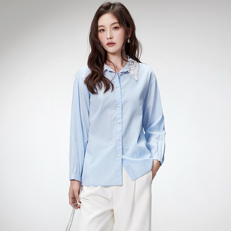 提花Polo领上衣单排扣衬衫