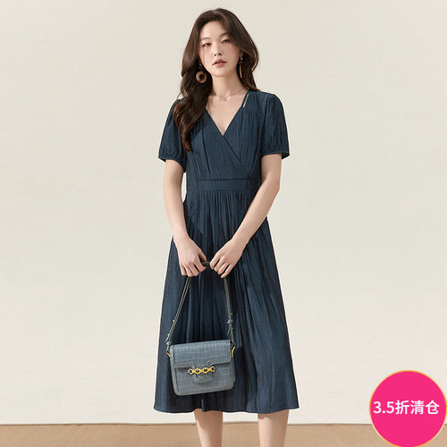 松紧腰短袖中长连衣裙