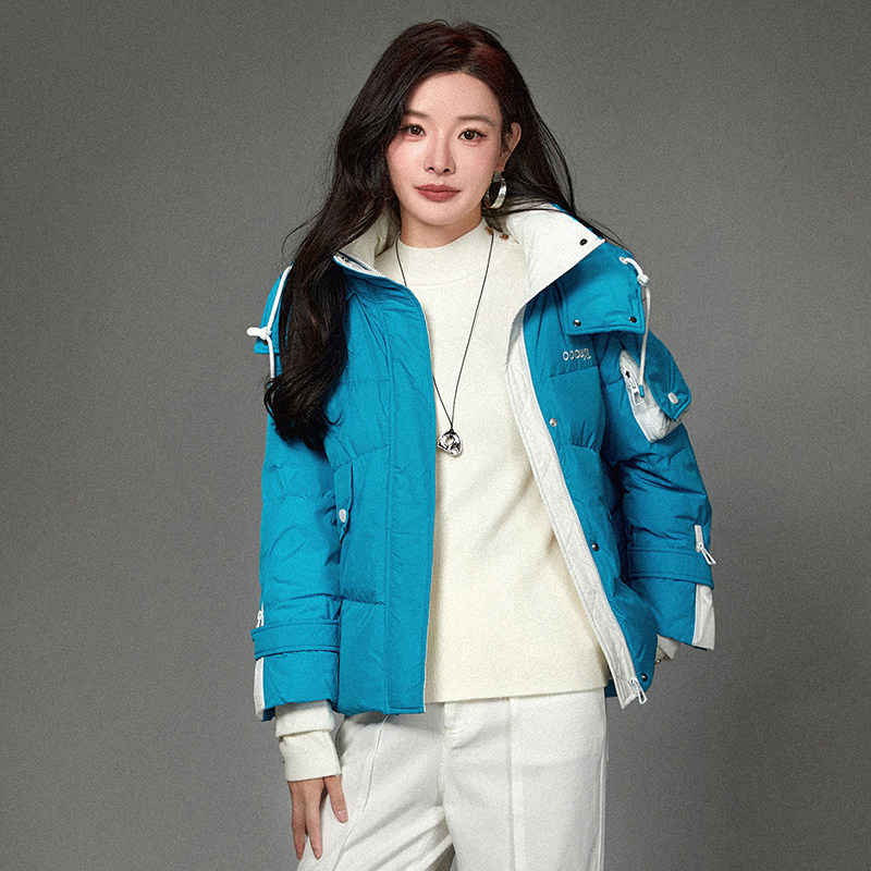 Outlets专柜撤柜正品 HZ冬装2025新款休闲风拼色连帽外套羽绒服女