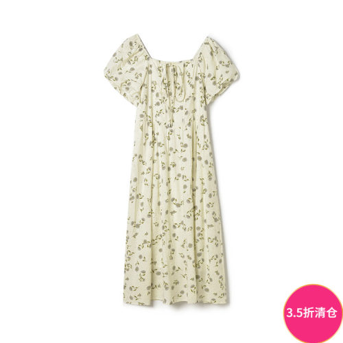 棉质印花系带中长连衣裙