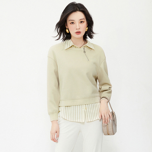 奥特莱斯品牌折扣 ZU秋装新款英伦风宽松上衣+条纹衬衫两件套装女