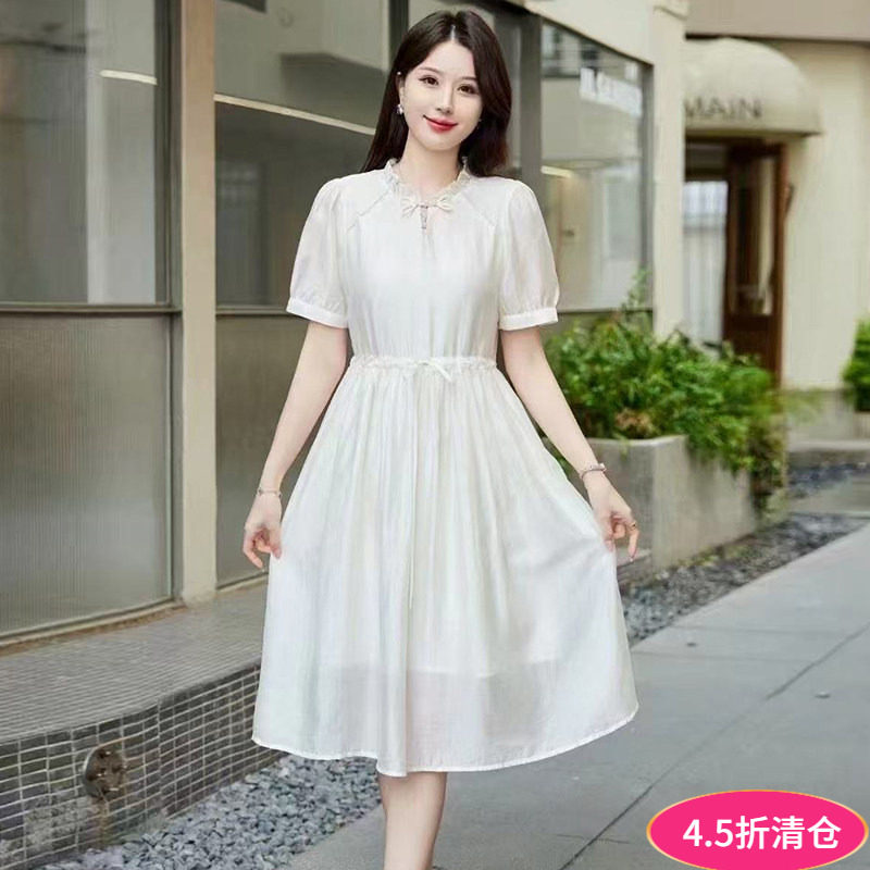 显白立领中长连衣裙女