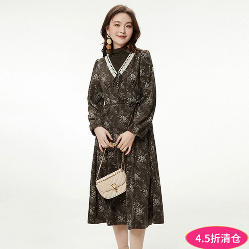 复古中长高腰连衣裙女