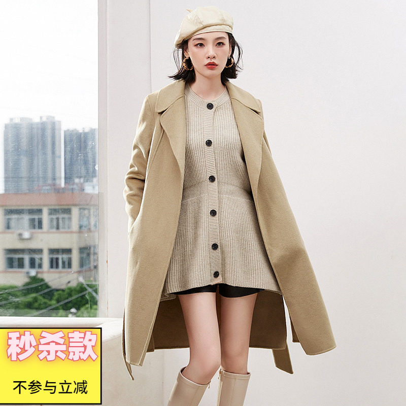 2025年冬Outlets正品 高端HE系列含羊毛开衫双面尼毛呢外套大衣女