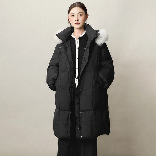 时尚连帽大毛领长款羽绒服