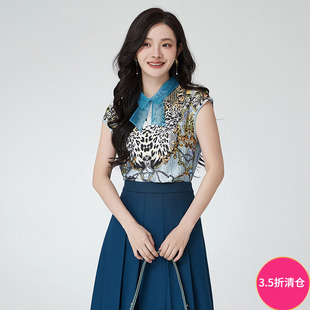 SR夏装 欧式 奥特莱斯品牌折扣 新款 女 风情印花上衣一粒扣无袖 衬衫