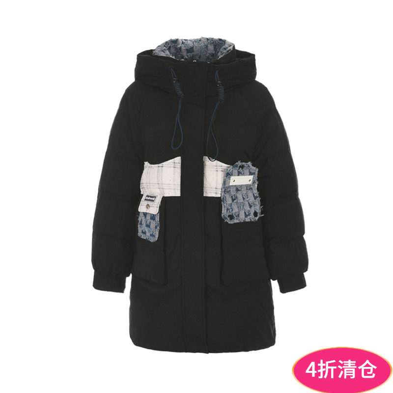 奥莱专柜正品 YR冬装2025新款 拼接设计中长款外套白鸭绒羽绒服女