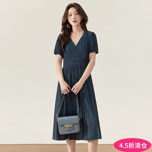 中长裙连衣裙女 奥特莱斯专柜撤柜正品 HH夏季 2025新款 松紧腰短袖