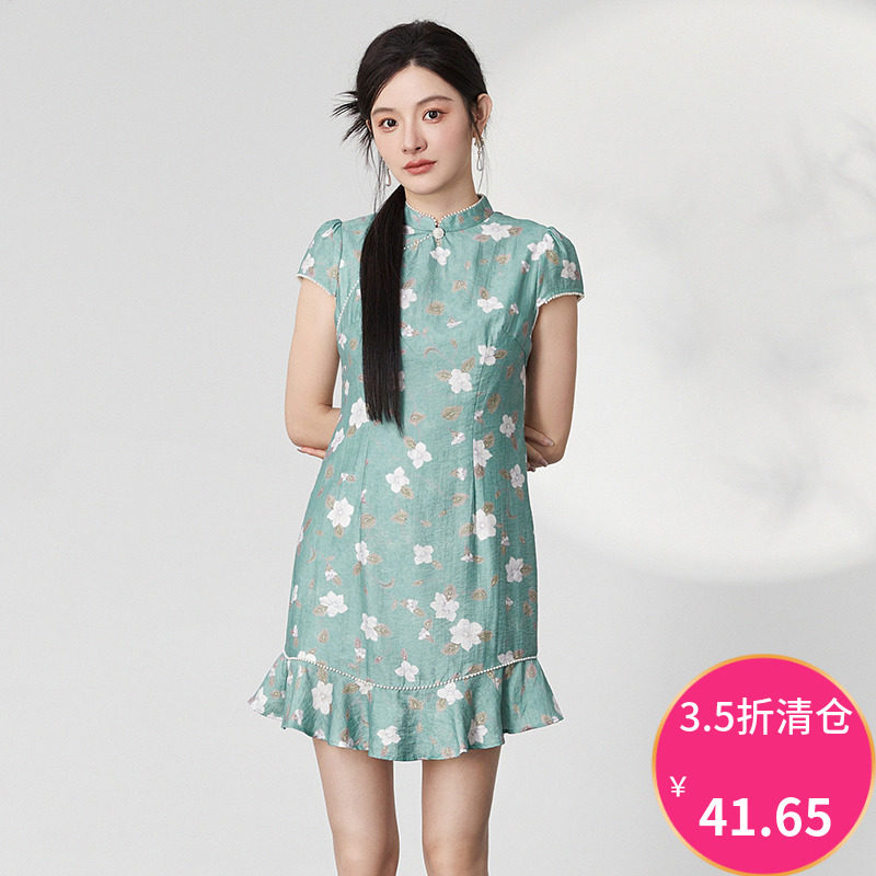 아울렛 브랜드 할인 XZ 여름복 2024 신상 중국 스타일 중공업 비즈 텐셀 스커트 치파오