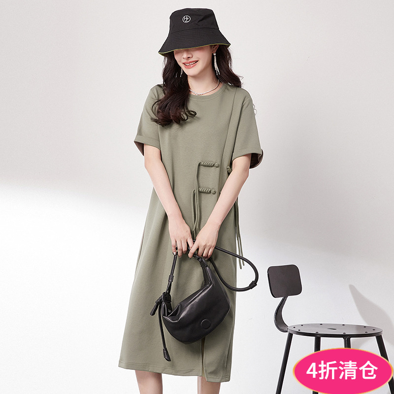 2025年夏装Outlets专柜 NY系列套头短袖国风休闲中长裙纯色连衣裙