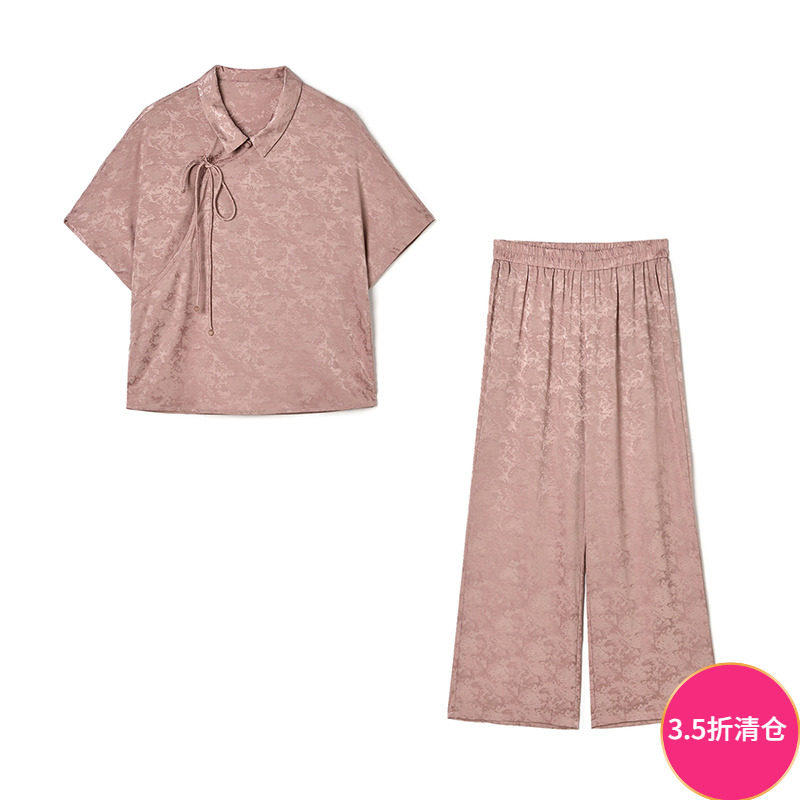 Outlets撤柜正品 JI夏装新款 蝙蝠袖提花国风上衣+长裤两件套装女