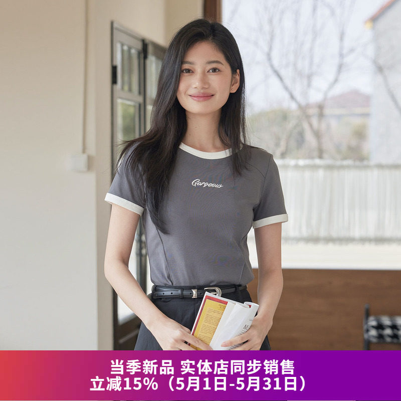 奥特莱斯品牌折扣 SOMSOM索玛夏装简约圆领拼色包边修身短袖T恤女