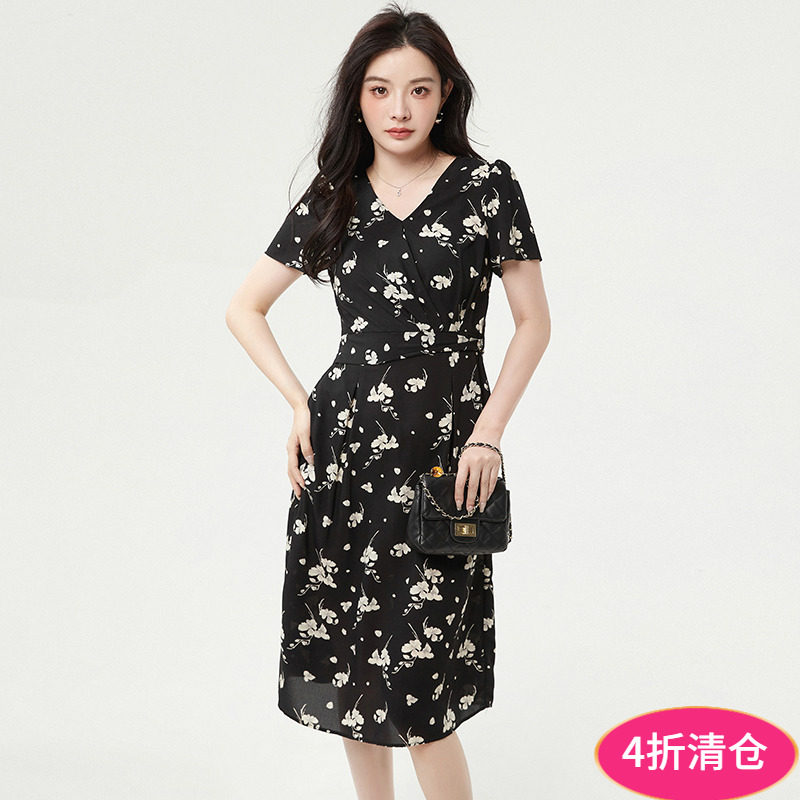 奥莱专柜撤柜正品 精品汉货HH夏装新款 拼色图案修身中长裙连衣裙