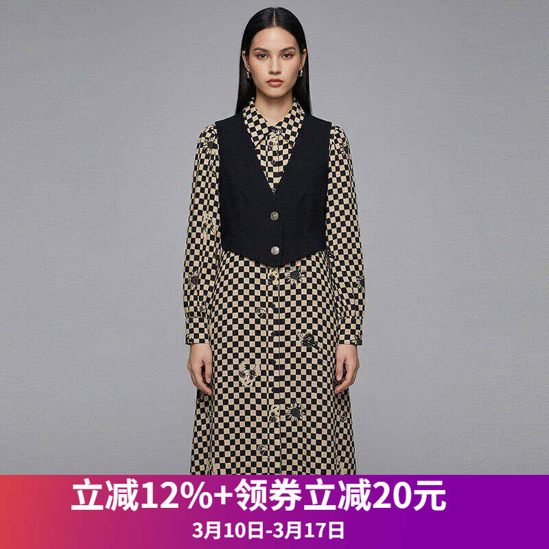 奥莱专柜品牌撤柜正品 GM春装新款单排扣马甲+格纹中长裙两件套装