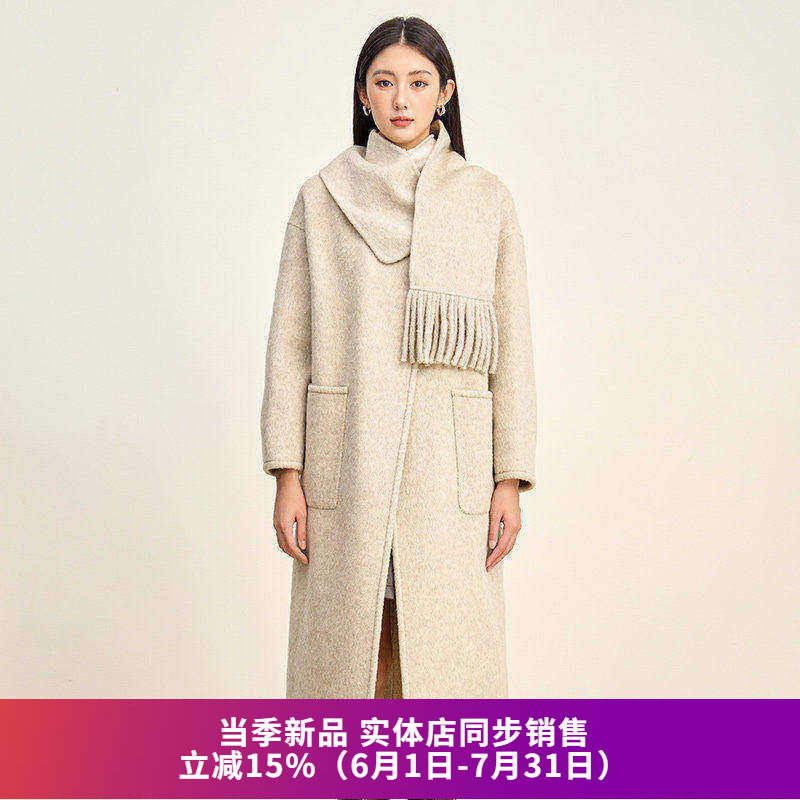 可拆卸围脖毛呢中长款大衣