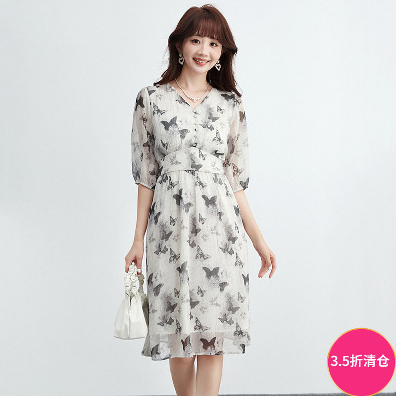 Outlets专柜撤柜正品 HG夏装2025新款水墨风印花中裙七分袖连衣裙,女装/女士精品,连衣裙,淘宝优惠券,粉丝福利购,淘宝优惠卷