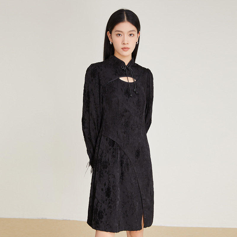 SOMSOM索玛秋冬新款专柜正品长袖连衣裙复古盘扣改良版中长款旗袍,女装/女士精品,连衣裙,淘宝优惠券,粉丝福利购,淘宝优惠卷